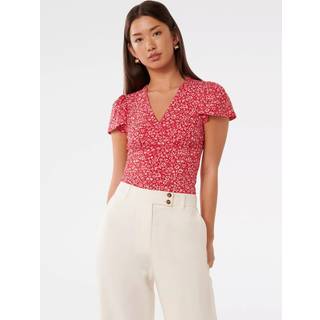 Forever New Forever New Red Lulu Printed Flutter Sleeves Top