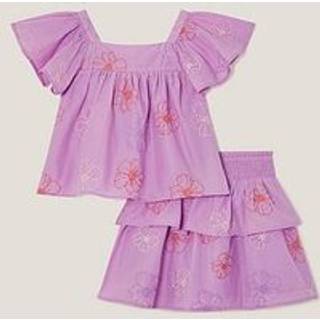 Monsoon Monsoon Purple Floral Embroidered 100% Cotton Top & Skirt Set