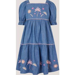 Monsoon Monsoon Blue Embroidered Puff Sleeve Denim Dress