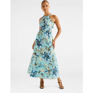Forever New Forever New Blue Dakota Printed Halter Neck Midi Dress Contains Linen - EU 34 (UK 6)