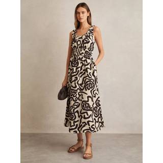 Reiss Reiss Brown/Ivory Akari Linen-Blend Printed Shirred Midi Dress