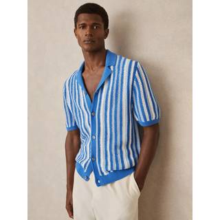 Reiss Reiss Blue Multi Carrington Cotton Crochet Stripe Cuban Shirt - X-Large