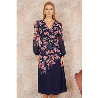 Yumi Yumi Blue Button Up Midi Dress With Floral Print Placement And Long Sleeves