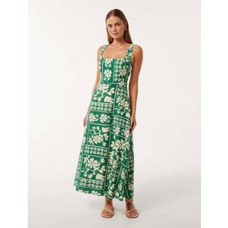 Forever New Forever New Green Tori Square Neck Midi Dress with A Touch Of Linen