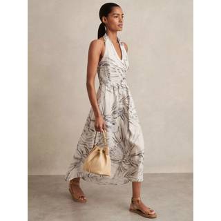 Reiss Reiss Neutral Carla Linen Palm Print Halterneck Midi Dress