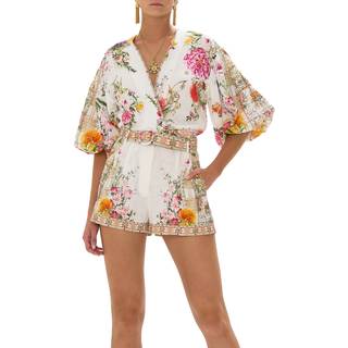 Camilla Floral high-rise belted linen shorts - white - M
