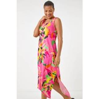 Roman Roman Pink Floral Print Hanky Hem Midi Dress