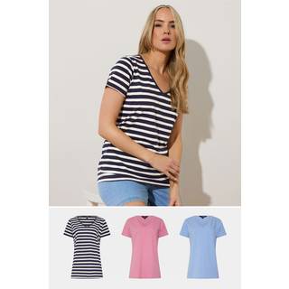 Lts Tall 3 Pack Blue & Pink Stripe Vneck Tshirts 12 Lts | Tall Women's Women's Multipack Tops & Vests