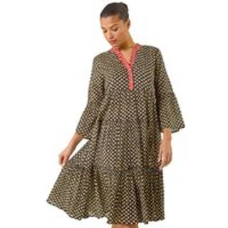Roman Roman Black Geometric Tiered 100% Cotton Midi Dress