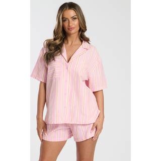 Loungeable Loungeable Pink Woven Striped Traditional Short Sleeve Co-ord Set