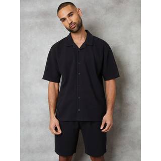Threadbare Threadbare Black Textured Revere Collar Short Sleeve Shirt