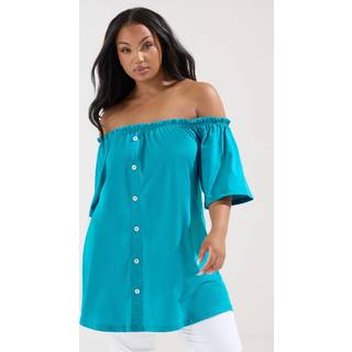 Yours Curve Yours Curve Blue Frill Bardot Button Front 100% Cotton Top