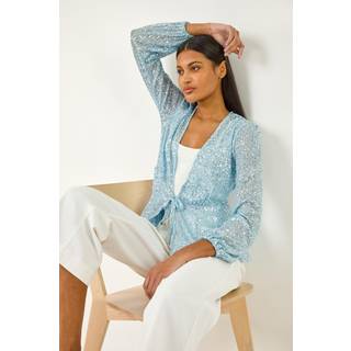 Roman Roman Blue Sequin Tie Front Stretch Cardigans