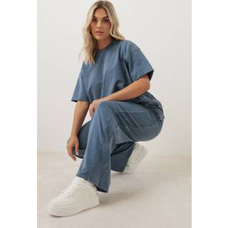 Yours Curve Yours Curve Blue 100% Cotton Acid Wash Wide Leg Joggers