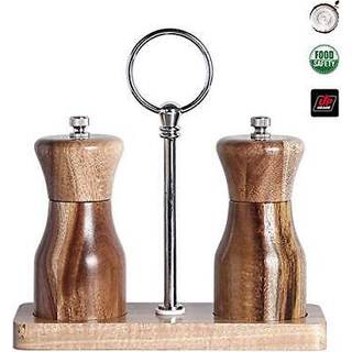 Gautsa Acacia Wood Salt and Pepper Grinder Set Manual Pepper Mill Repillable Justerbar grovhed Keramisk rotor med træstativ Holderbakke