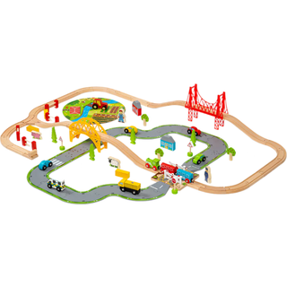 Bigjigs Rail BJT021 Trætogbanesæt med Biler og Overkørsel - 3+år - 80 Dele