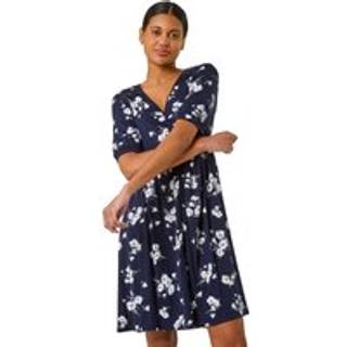 Roman Roman Blue Floral Print Lace Trim Stretch Dress