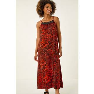 Roman Roman Red Abstract Print Trim Detail Midi Dress