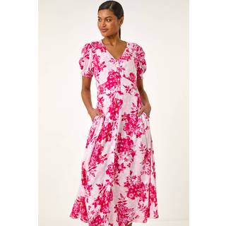 Roman Knapper Blomster Tryk Shirred Midi Kjole44