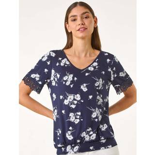 Roman Roman Blue Floral Print V-Neck Lace Stretch T-Shirt