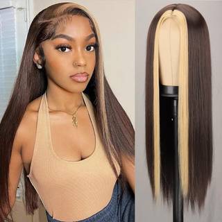 Xinran lange brune parykker til kvinder mørkebrun med blond fremhævning blonder paryk syntetisk midterste del naturlig hårgrænseudskiftning dagli