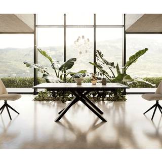 Esstisch Edge 200-300x100 Keramik Calacatta Luxe Weiß-Gold-Grau Kreuzgestell Rechteck Schwarz ausziehbar