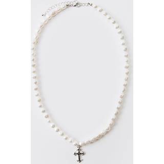 Mens White Gothic Cross Mock Pearl Necklace