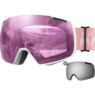 Overorme Heron skibriller med 2 linse rammel?s magnetisk udskiftelig HD Toric -objektiv OTG Snowboardbriller (Whiteframe Pink VLT 46% + Silverlen