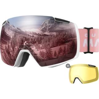 Overorme Heron skibriller med 2 linse rammel?s magnetisk udskiftelig HD Toric -objektiv OTG Snowboardbriller (Whiteframe Rose VLT 28% + Yellowlen