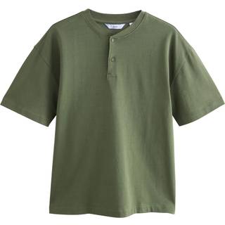 Next Khaki Green Relaxed Fit Heavyweight Grandad Collar 100% Cotton T-Shirt