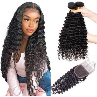 Deep Wave -bundter med lukning Humanhår 14 16 18 tommer Humanhårbundter med lukning 5x5 HD Blonder Lukning Gratis del 12 tommer 100% uforarbejdet