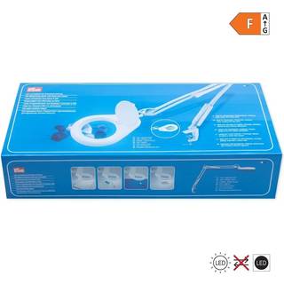 Prym Luplampe med klemme Prym Lup m/lampe og klemme er et smart forstørrelsesglas, der kan bruges til småt håndarbejde, læsning, broderi osv. Luppen forstørrer 2x og når den ikke er i brug, kan der klappes et låg ned over den.