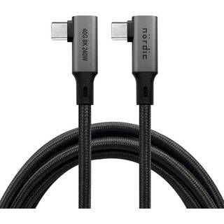 NÖRDIC vinklet 25cm USB4 USB-C til C nylonflettet kabel PD3.1 240W 40G 8K60Hz 4K144Hz grå