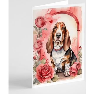 Caroline's Treasures DAC4349GCA7P Basset Hound Valentine Roses lykønskningskort Pakke med 8 tomme kort med konvolutter, finurlig A7 -størrelse 5x