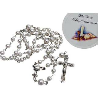 Westmon Works Første nattverd Rosary White Glass perle med metalkalk midtpunkt og korsfikset katolsk deluxe sæt med sag til mandlige og kvinder