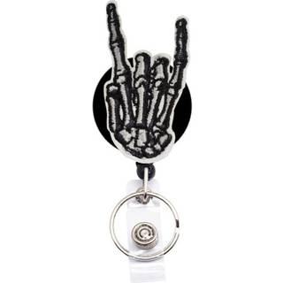 Reeleer Halloween Skeleton H?ndhorn op Sign Badge Reels Udtr?kkelige med alligatorklip og n?glering 24 tommer tyk tr?kledning