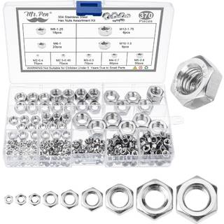 Mr. Pen-metriske hex n?dder sortiment Kit 370 stk. Rustfrit st?l metrisk n?ddersortiment 9 st?rrelser (M2 M3 M4 M5 M6 M8 M10 M12) Hardware n?dder