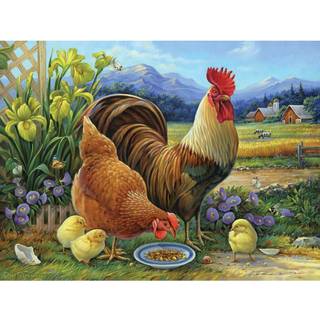 Bit og stykker - 500 stykker puslespil for voksne - Amber Rooster og familie - Hen Chicks Lunch Farm Country Flower Barn Jigsaw Puzzle af kunstne