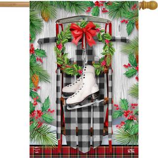 Briarwood Lane Winter Sled House Flag Checkered Skates Fir Berries 28 """" X 40 """"