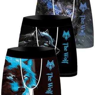 TEMU 3-pack Men's Wolf Print Boxer Briefs, Fiber Knit Fabric, Stretchy Comfortable Breathable Underwear, Polyester 95%, Elastane 5%, Daily & Casual Wear, 140gsm