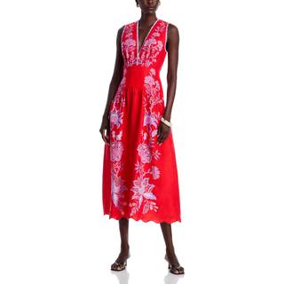 Farm Rio Porcelain Garden floral linen midi dress - red - M