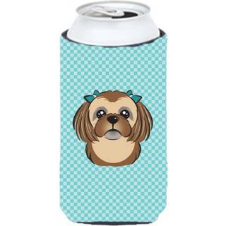 Checkerboard Blue Chocolate Brown Shih Tzu Tall Boy Beverage Isulator Hugger BB1187TBC