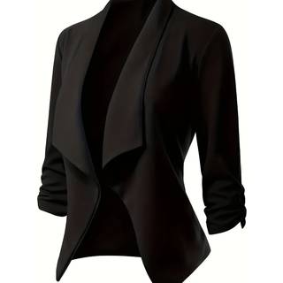 TEMU Women's Elegant Black Long-sleeve Casual Jacket - Polyester, Open Front, Knit Fabric, Ideal For Spring/summer/fall, Casual Outerwear|modern Casual Jacket|open Front Jacket, Winter Apparel