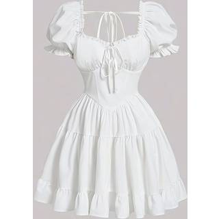 TEMU Women's Summer V-neck A-line Dress, Cute Solid Color Polyester 100%, Ruffle Puff Sleeve Swing Dress, Lightweight 120gsm Fabric, Casual Woven A Pendulum Dress For Adult