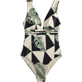 Next Khaki/Ecru Leaf Plunge Shaping Tummy Control Swimsuit
