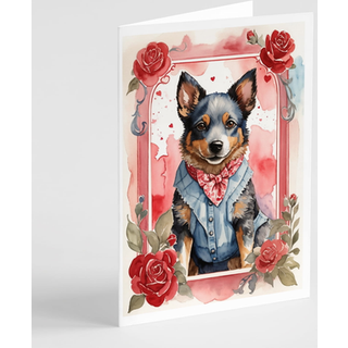 Caroline's Treasures DAC4341GCA7P Australske kvæghund Valentine Roser lykønskningskort Pakke med 8 blanke kort med konvolutter, finurlig A7 -stør