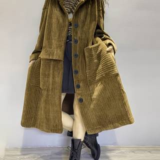 TEMU Women's Long Corduroy Trench Coat - Casual Single-breasted Warm Outerwear, Loose Fit, Cuffs, Solid Brown, Polyester Fabric, Machine Washable