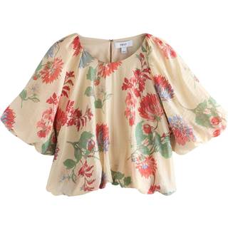 Next Ecru/Red Floral Print Bubblehem Lightweight Puff Sleeve Top