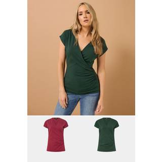 Lts Tall 2 Pack Dark Red & Green Grown Sleeve Wrap Tops 14 Lts | Tall Women's Wrap Tops