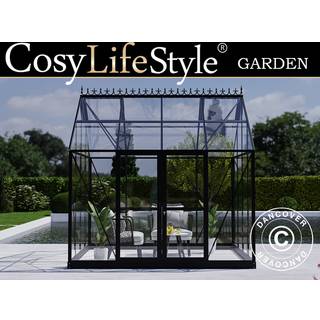 Orangeri, drivhus glas 8,9m², 3,01x2,99x2,95m m/sokkel og tagudsmykning, Sort